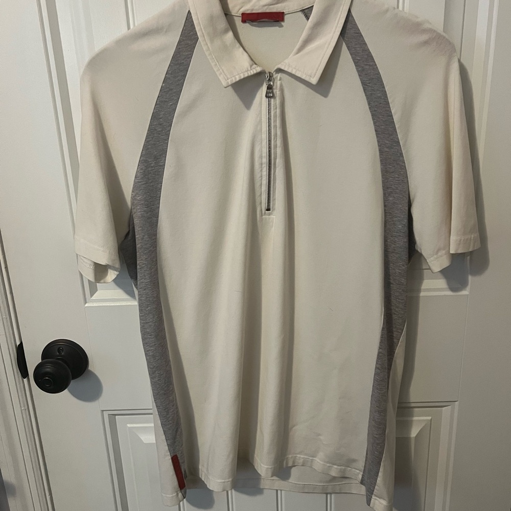 Prada Men’s Gray and White Polo Shirt. Zipper closure. Size large. Like new!